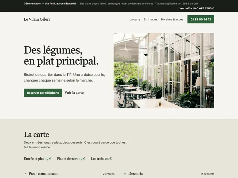 Capture du site de démonstration Le Vilain Céleri : titre, photo de la salle vitrée et début de la carte.