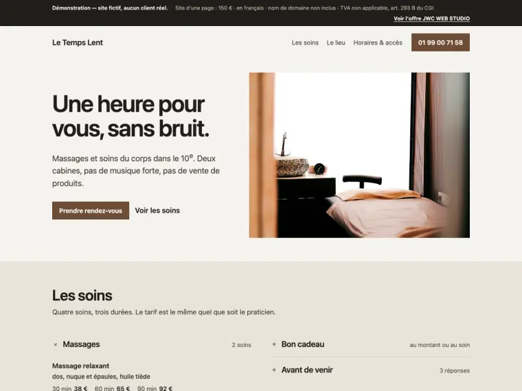 Capture du site de démonstration Le Temps Lent : titre, photo de la cabine de soin et liste des soins.