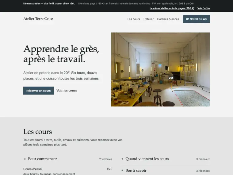 Capture du site de démonstration Atelier Terre Grise : titre, photo de l'atelier et formules de cours.