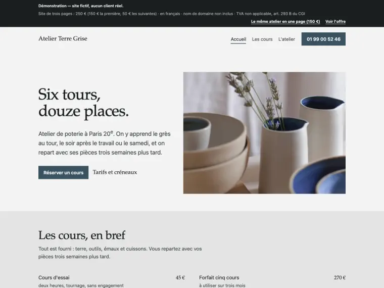 Capture du site de démonstration Atelier Terre Grise en trois pages : accueil avec photo et navigation.